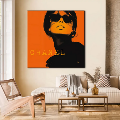 Pop art style square canvas print of a chic woman with bold orange highlights