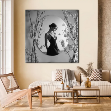 Contemporary black and white wall art featuring a refined portrait with subtle floral elements.