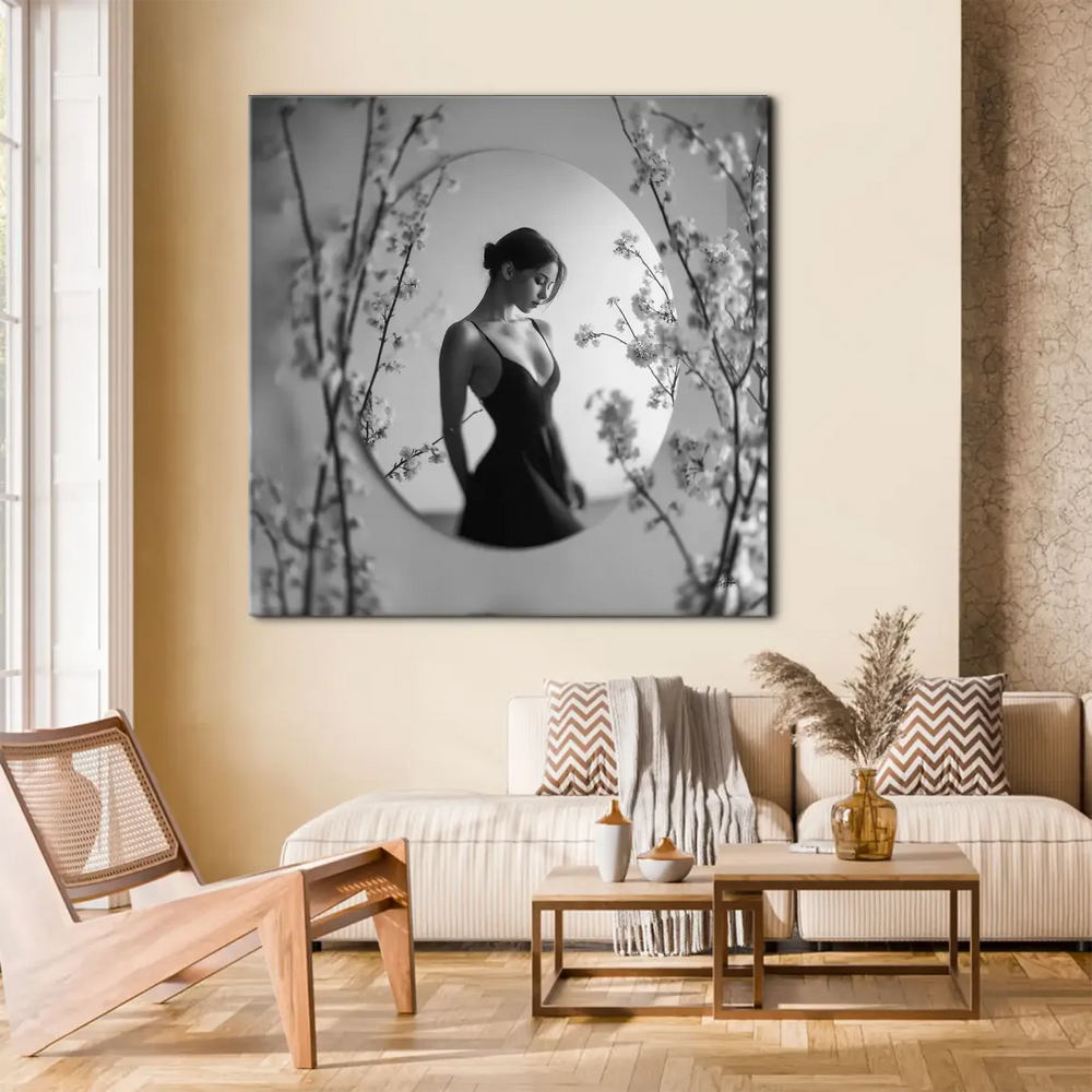 Contemporary black and white wall art featuring a refined portrait with subtle floral elements.
