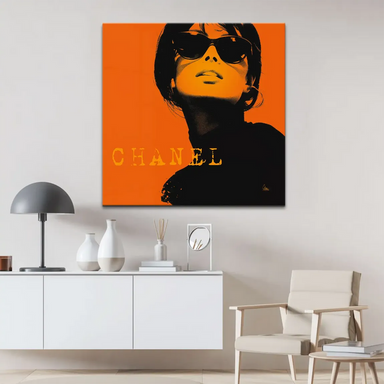 Warhol-inspired fashion wall art with black silhouette and Chanel branding