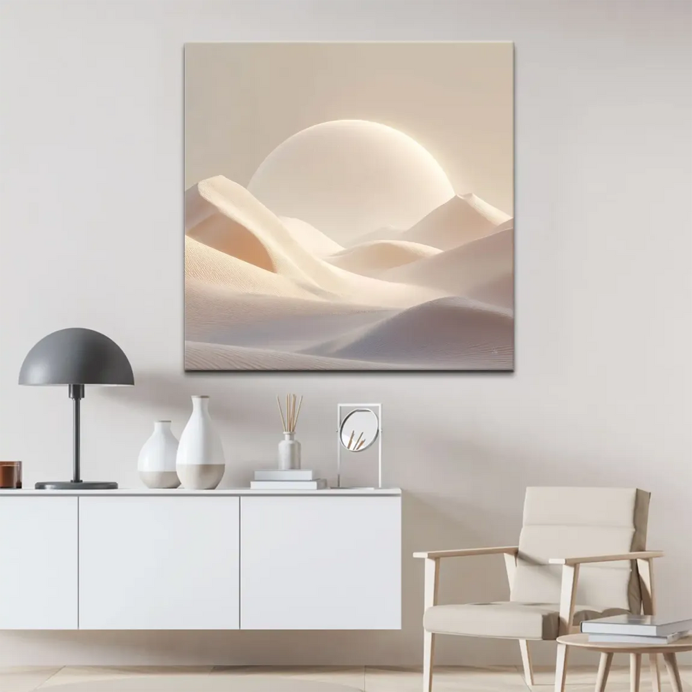 Minimalist desert scene with gentle cream and beige tones and a bright sun or moon.