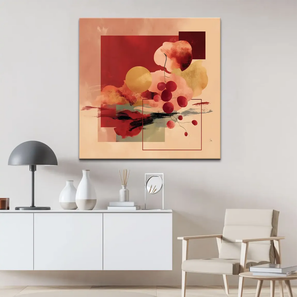 Close-up of scarlet berries and pale peach brushstrokes in Scarlet Bloom canvas art