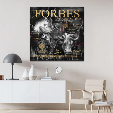 Monochrome background with red financial lines and gold titles on canvas