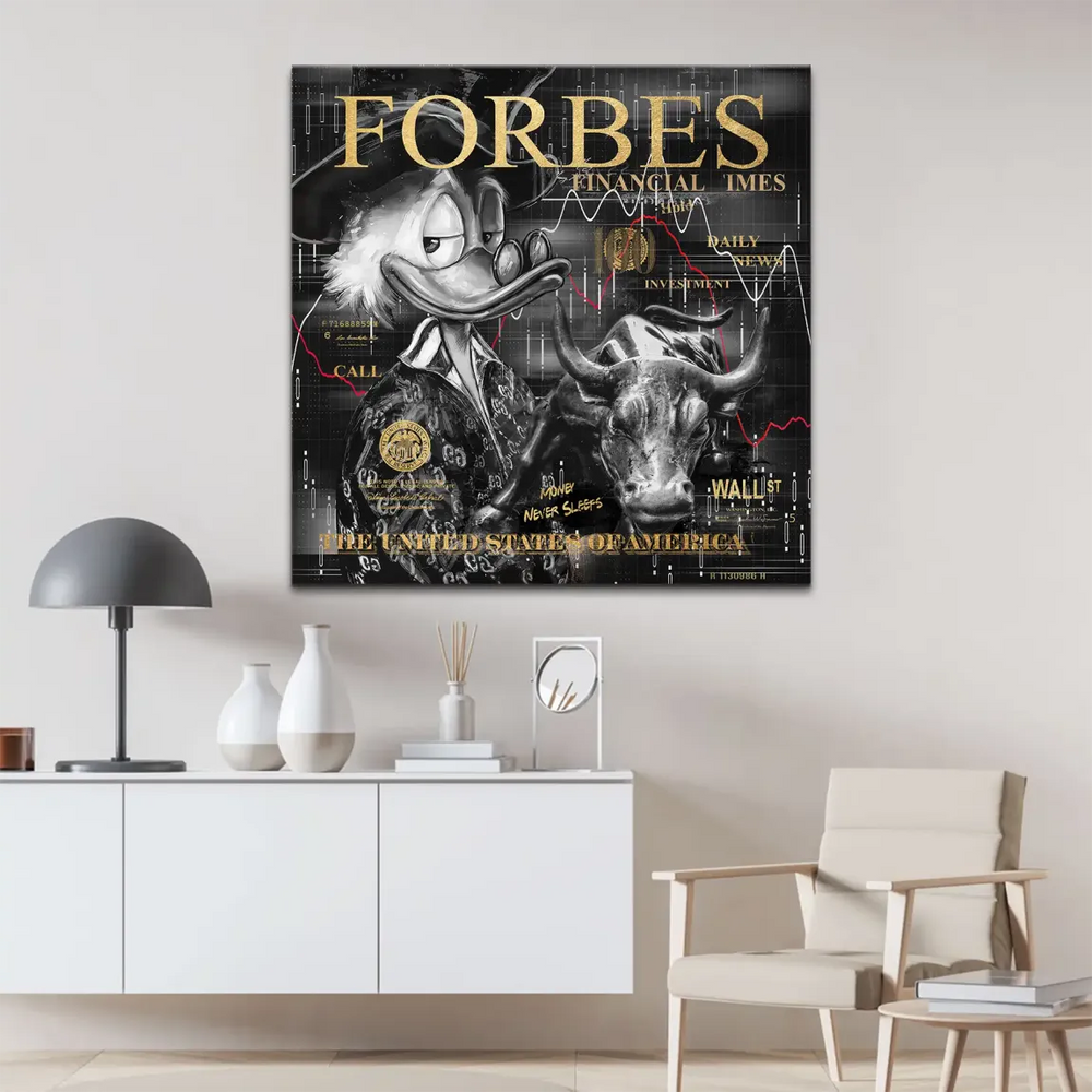 Monochrome background with red financial lines and gold titles on canvas