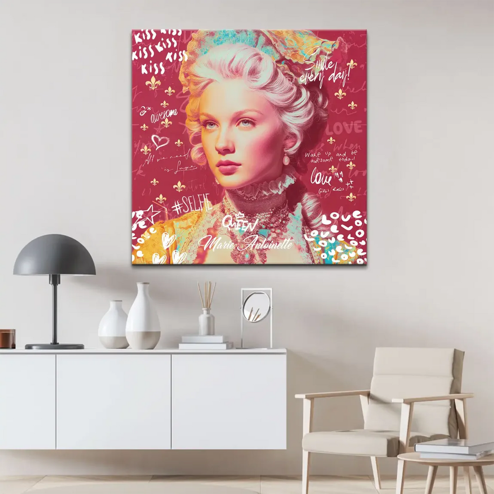 Central fashion portrait featuring a regal woman amid urban graffiti and gold fleur-de-lis accents