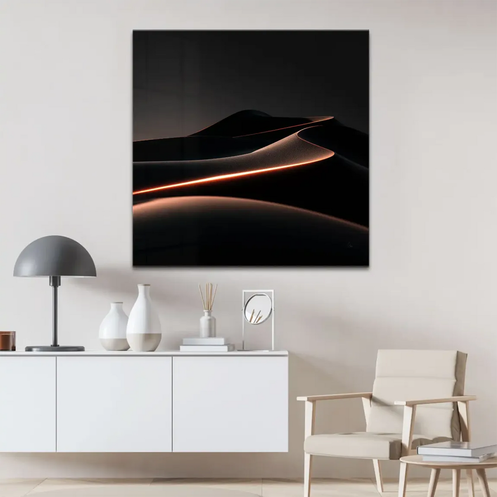 Modern wall art with grayscale shapes and orange highlights.