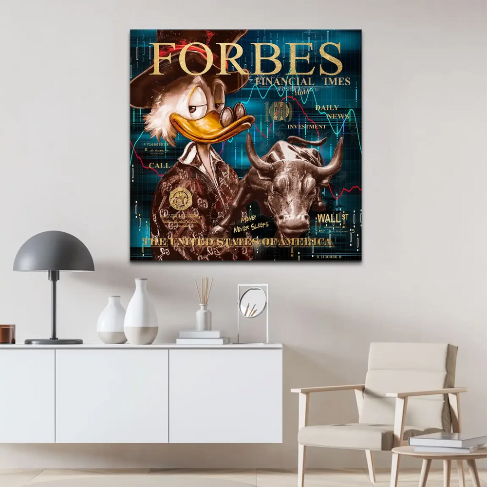Finance-themed pop art featuring Forbes and Financial Times branding in the background