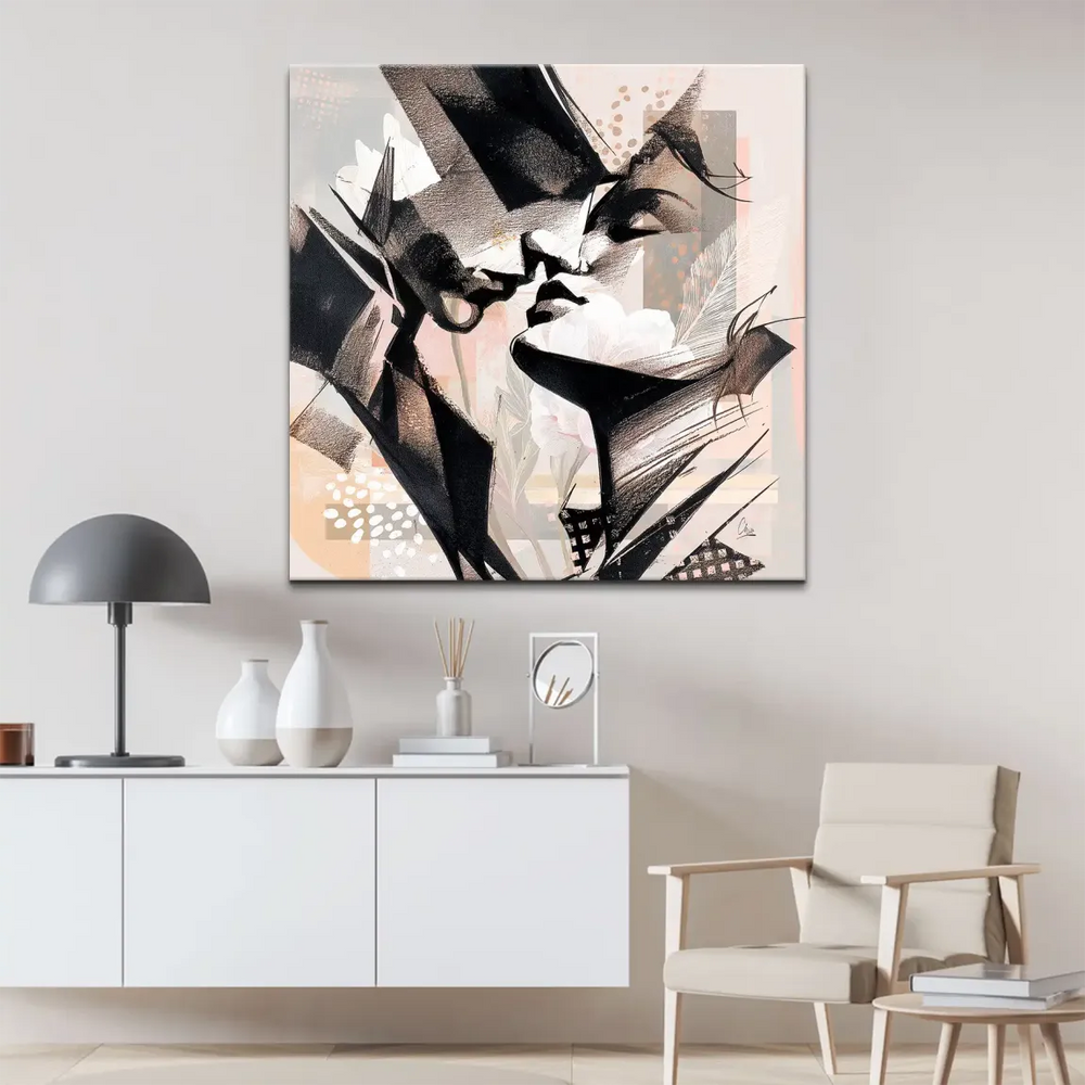 Close-up of fragmented geometric shapes and gestural lines forming a contemporary abstract composition.