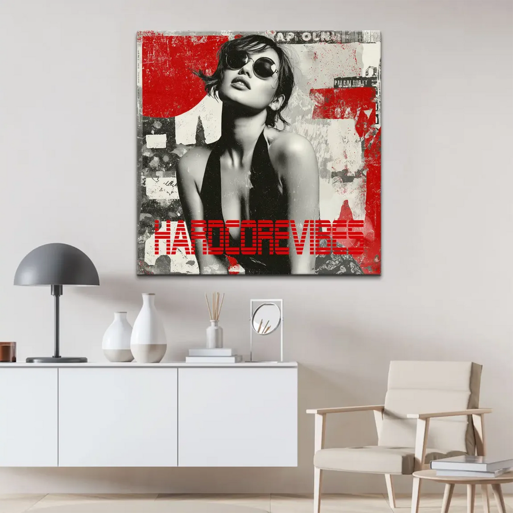 Bold red splashes and distressed collage background with abstract shapes