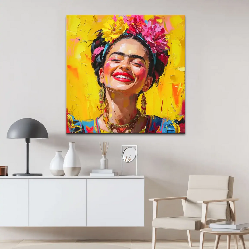 Close-up of Frida Viva figure showing bold red lips and unibrow in vibrant pop art style
