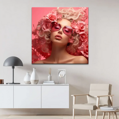 Vibrant pink blossoms surround a glamorous face in a modern fashion-art style.