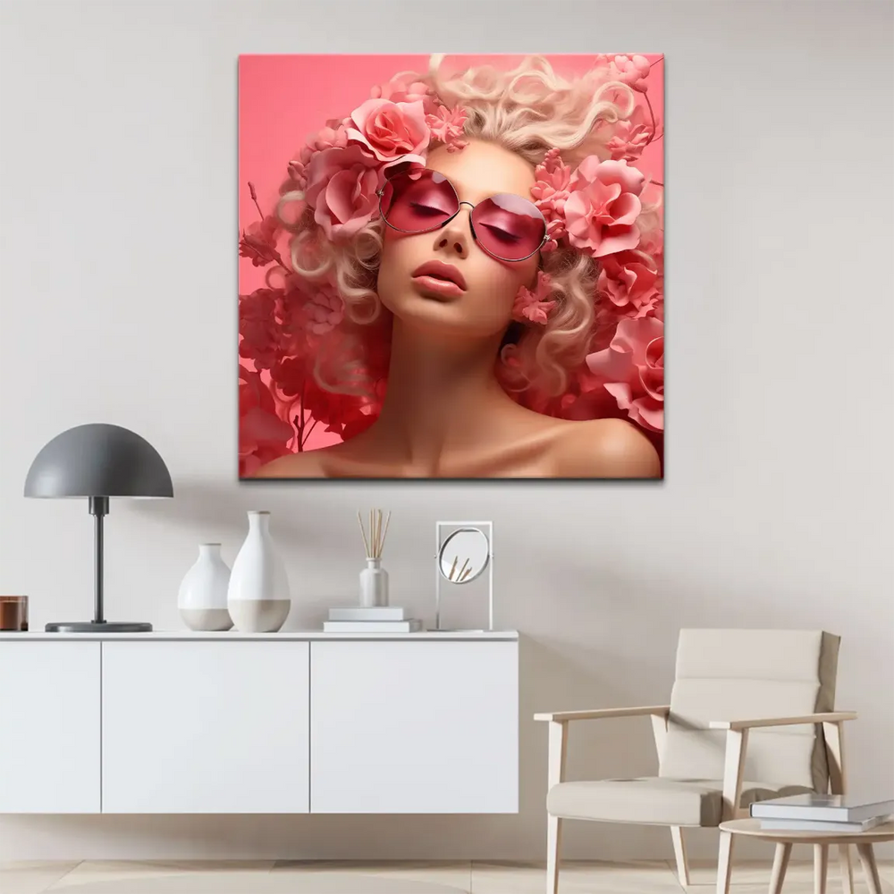 Vibrant pink blossoms surround a glamorous face in a modern fashion-art style.