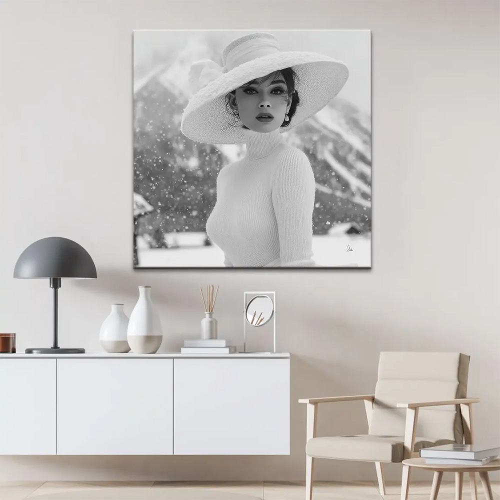 Vintage Hollywood glamour inspired canvas wall art with a winter landscape