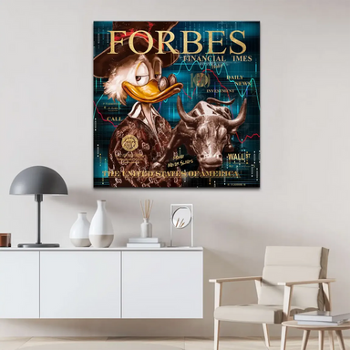 Gold Forbes and Financial Times style text on a vibrant blue and teal grid backdrop