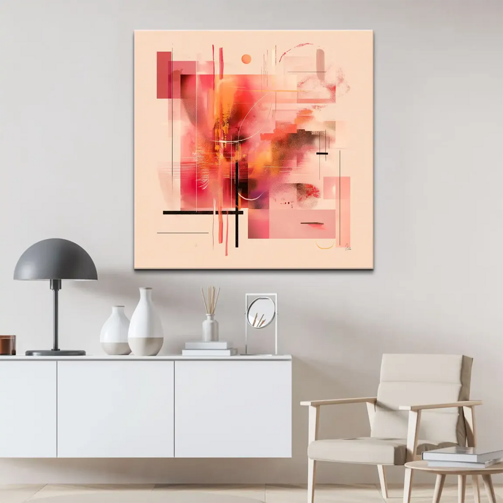 Soft blending color fields in peach and coral with bold black contour lines on a beige backdrop.