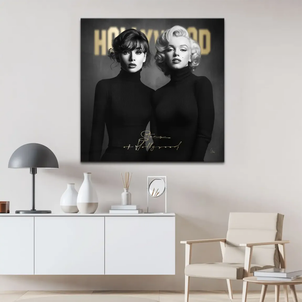 Hollywood glamour wall art featuring two iconic actresses with gold detailing against a subtle backdrop.