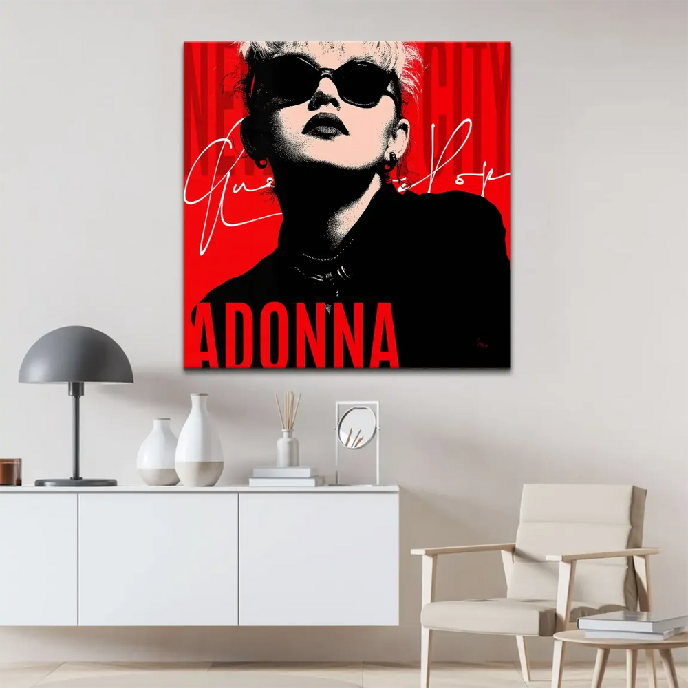 Background hints of 'NEW CITY' and flowing script behind Madonna in a vintage pop art composition.
