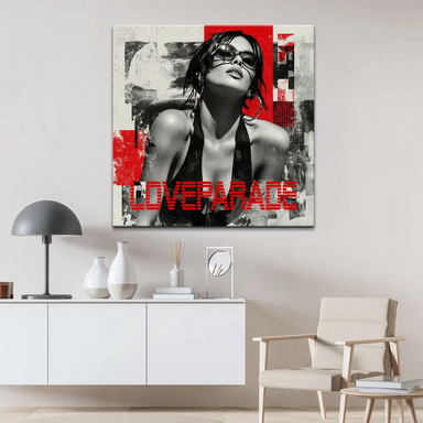 Love Parade beauty canvas print featuring a stylish urban fashion vibe with collage-like red and grayscale elements.