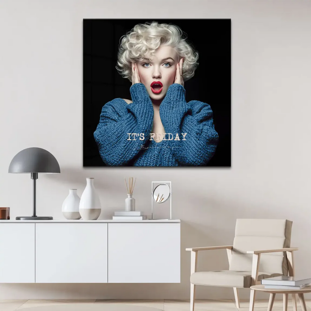Platinum-blonde woman in blue knit sweater against black background in pop art style