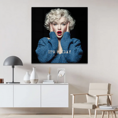 Platinum-blonde woman in blue knit sweater against black background in pop art style