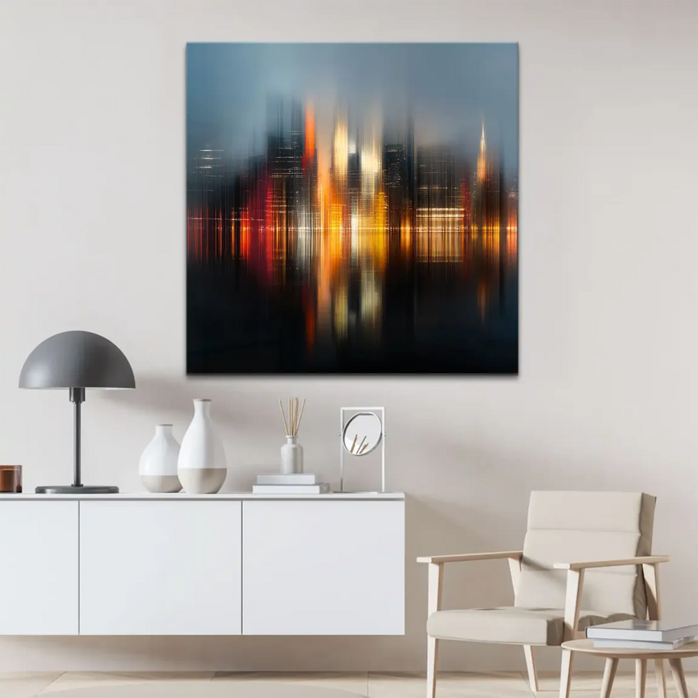 Night cityscape canvas art showing vertical light trails on skyscrapers in New York