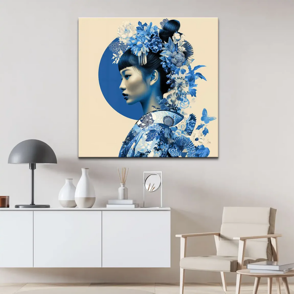 Geisha figure in blue tones with flower and fan details, circular blue motif behind the head