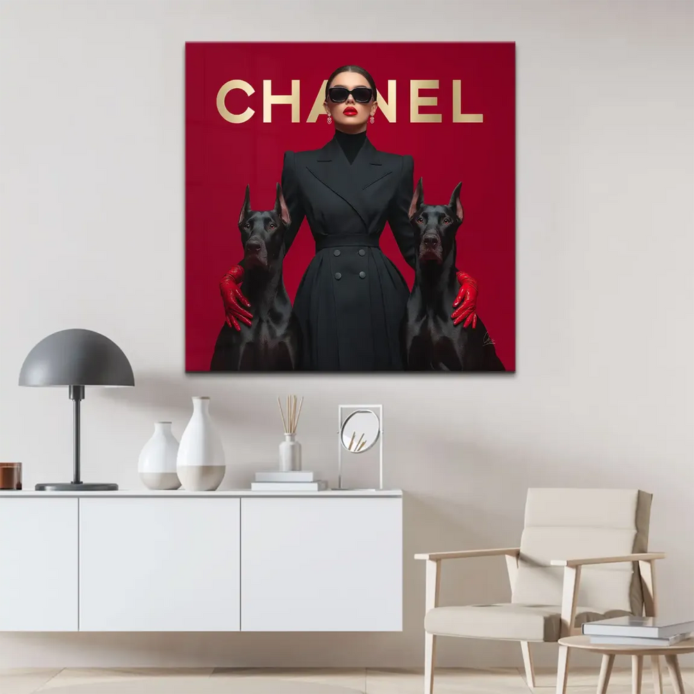 Gold Chanel logo anchors a luxury, editorial-style fashion canvas print.