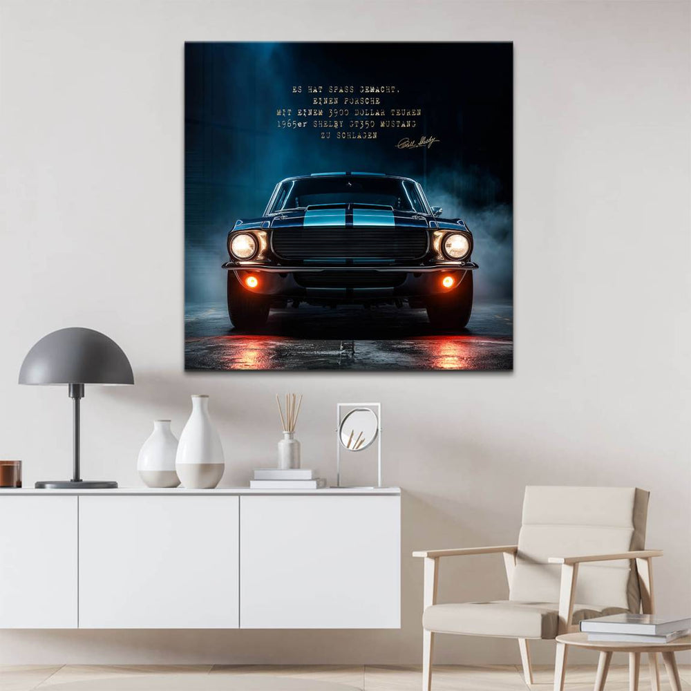Classic muscle car wall art featuring a blue Shelby Mustang with racing stripes against a cinematic, shadowy backdrop.