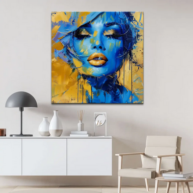 Modern abstract wall art featuring a woman's face with metallic gold accents