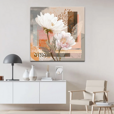 Soft pastel canvas wall art showing warm greys, beige, peach, and terracotta tones.