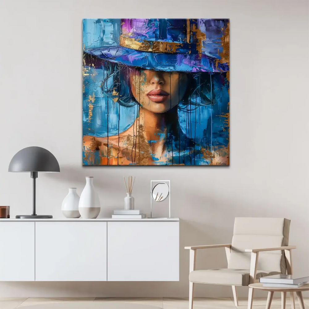 Close-up of impasto texture and painterly drips on a blue-toned abstract woman portrait
