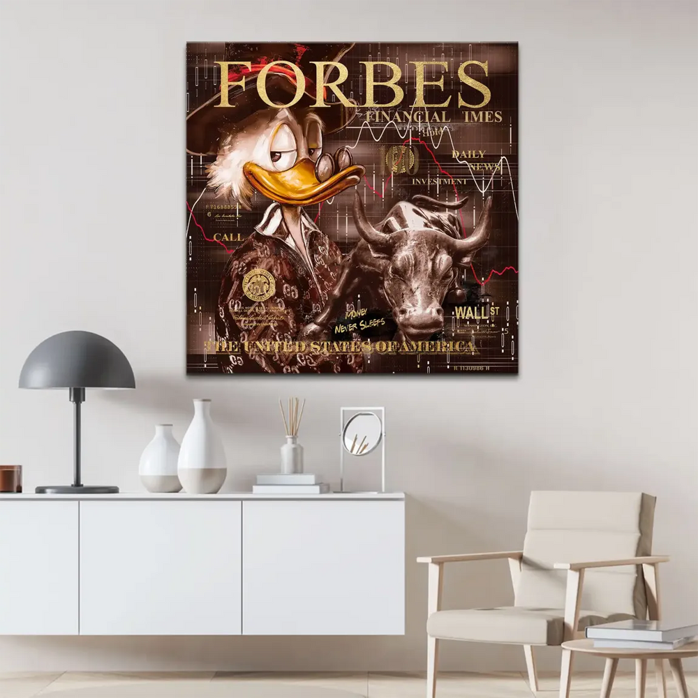 Background features Forbes and Financial Times headlines with stock charts on canvas