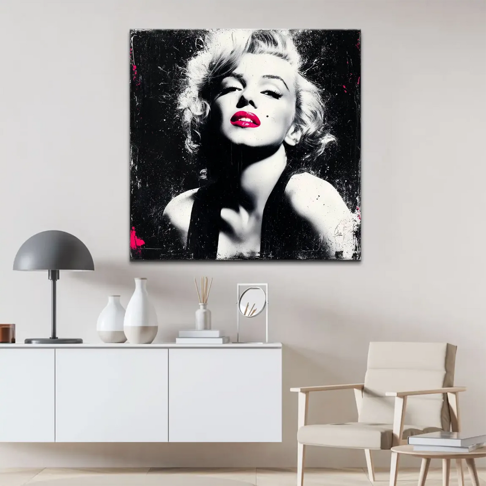 Close-up of Marilyn Monroe's face in high-contrast black-and-white with pink lips