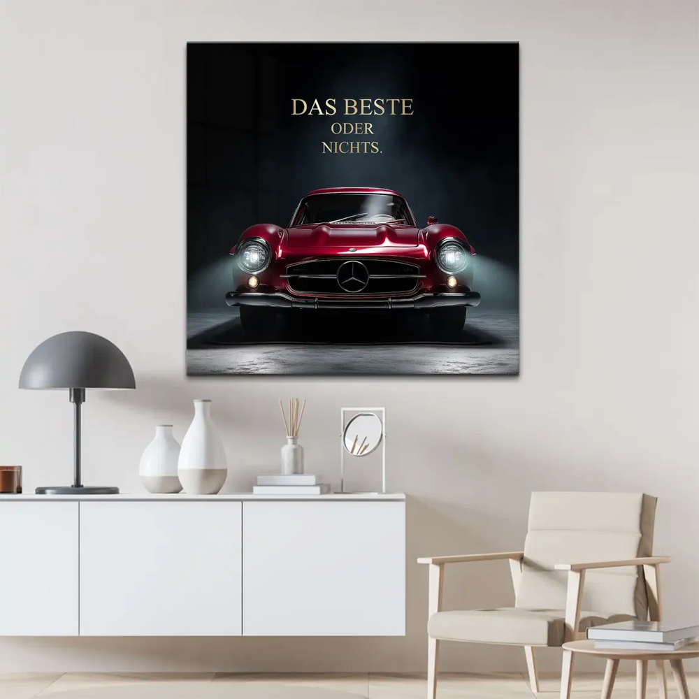 Luxurious automotive wall art featuring iconic Mercedes 300SL in vibrant red