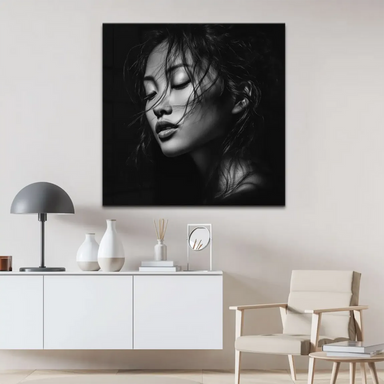 High-contrast monochrome fine art photography of an Asian woman