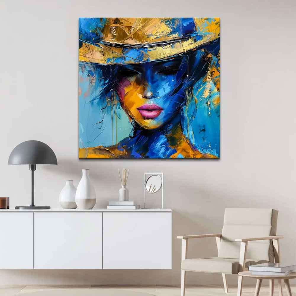 Modern abstract art featuring a female figure on a square canvas with rich blues and yellows.