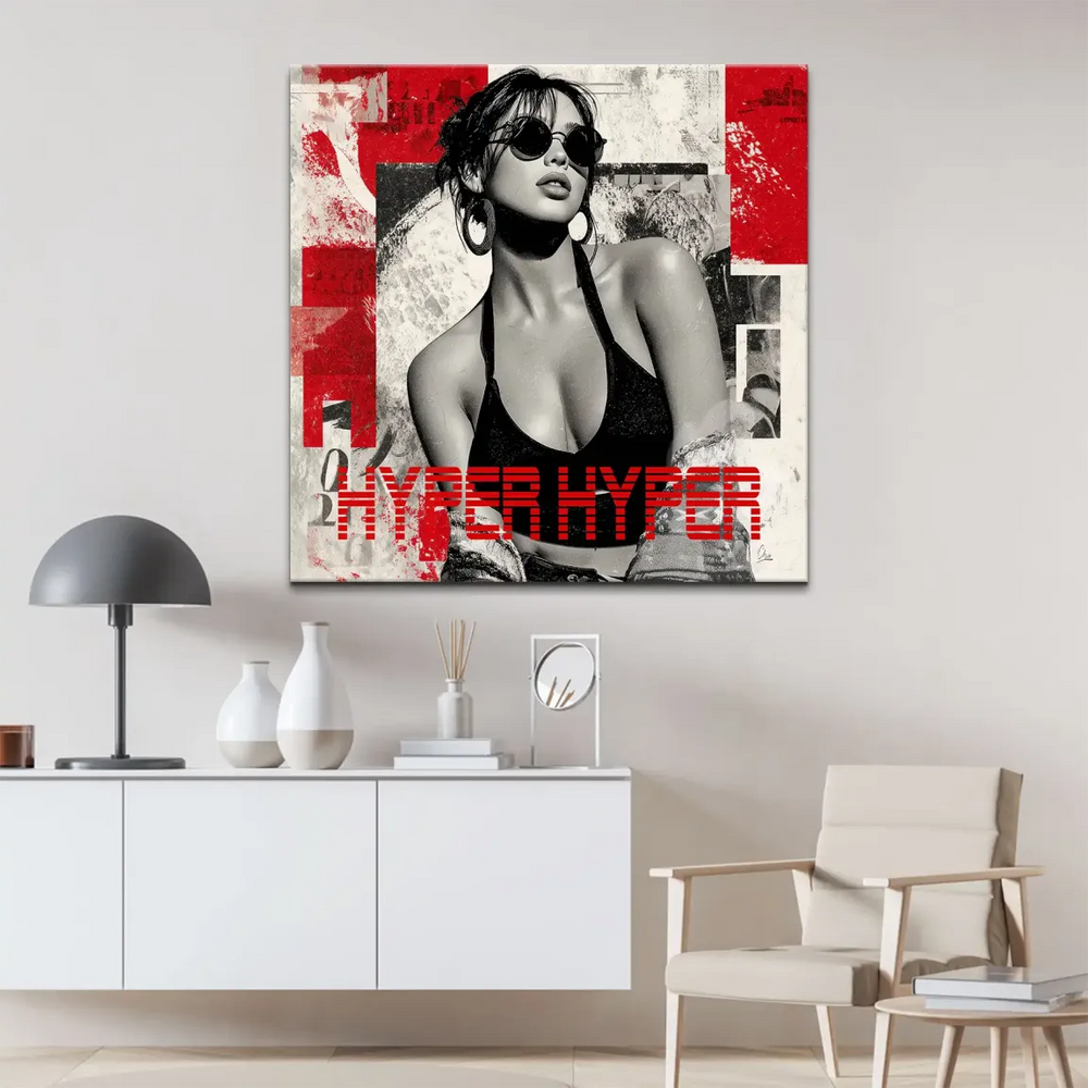 Hyper Hyper canvas features a fashion-forward woman wearing a halter top in high-contrast style