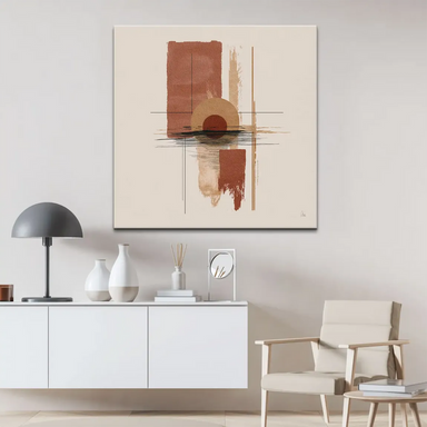 Central dark circle within a circular motif surrounded by vertical blocks and intersecting lines.