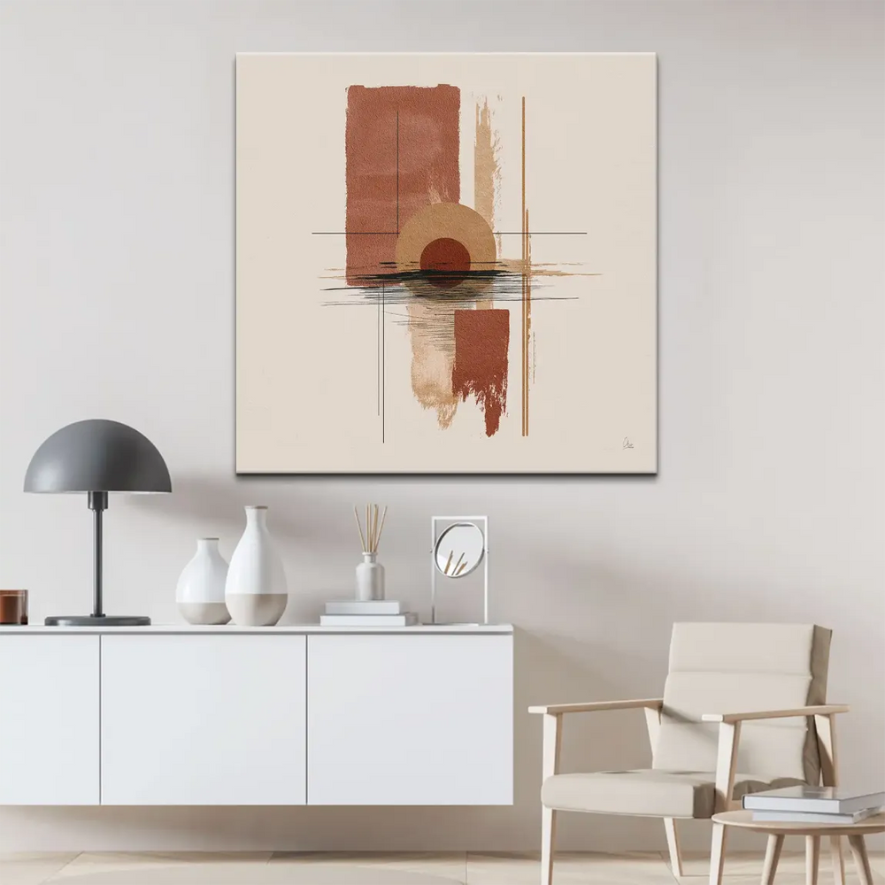 Central dark circle within a circular motif surrounded by vertical blocks and intersecting lines.