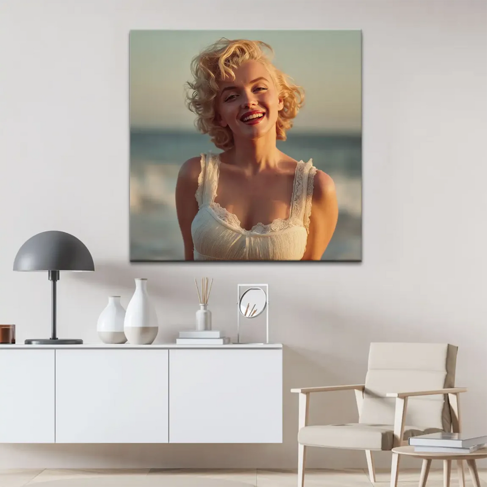 Glamorous Marilyn Monroe artwork on canvas with golden-hour lighting and ocean backdrop