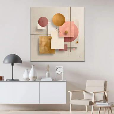 Warm gold with rose pink accents and creamy whites in a minimalist abstract composition.