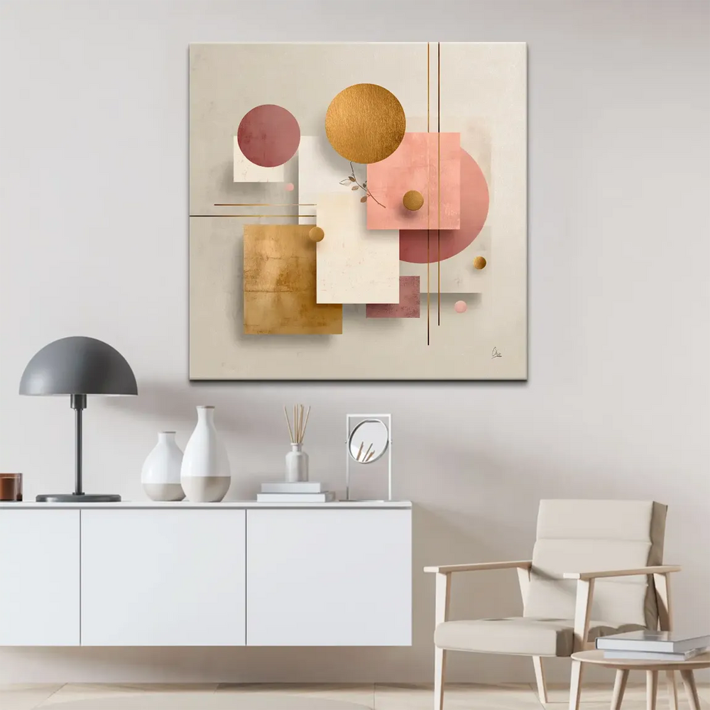 Warm gold with rose pink accents and creamy whites in a minimalist abstract composition.