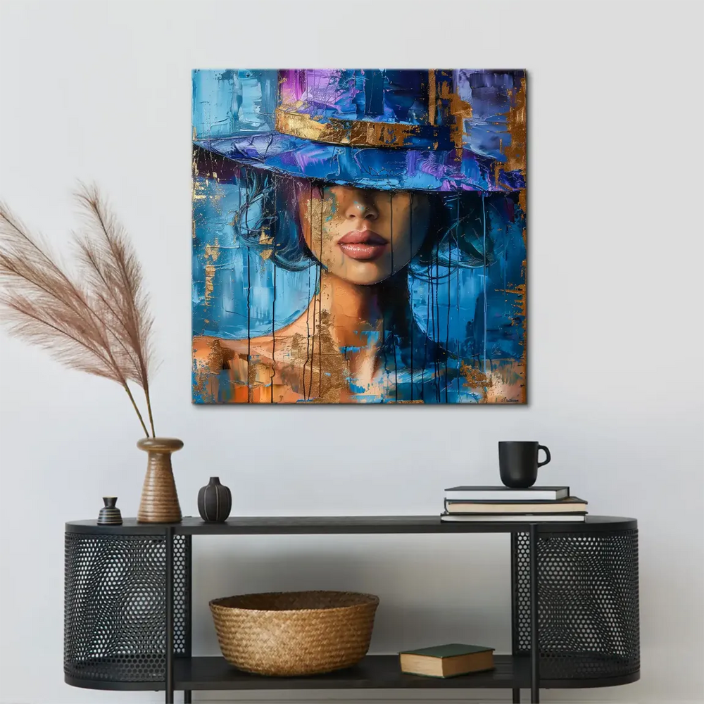 Contemporary wall art featuring warm skin tones against blue and purple hues with metallic gold details