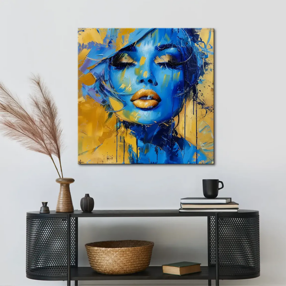 Blue and gold canvas wall art with splatters and drips for contemporary decor