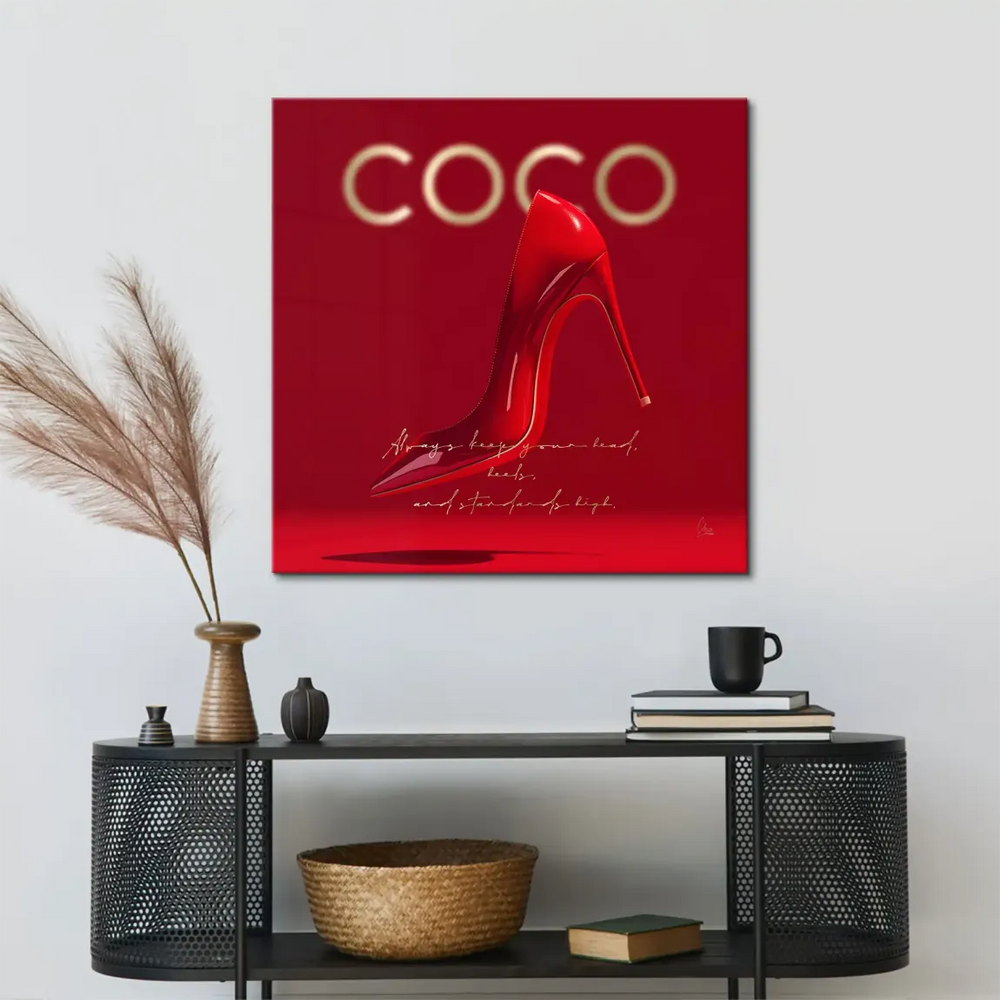 Modern pop art-inspired canvas print in red and gold hues, showcasing luxury branding and glam decor.