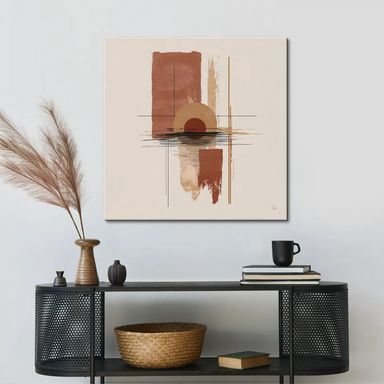 Earth-toned abstract art featuring terracotta, ochre, and warm browns with geometric vertical blocks.