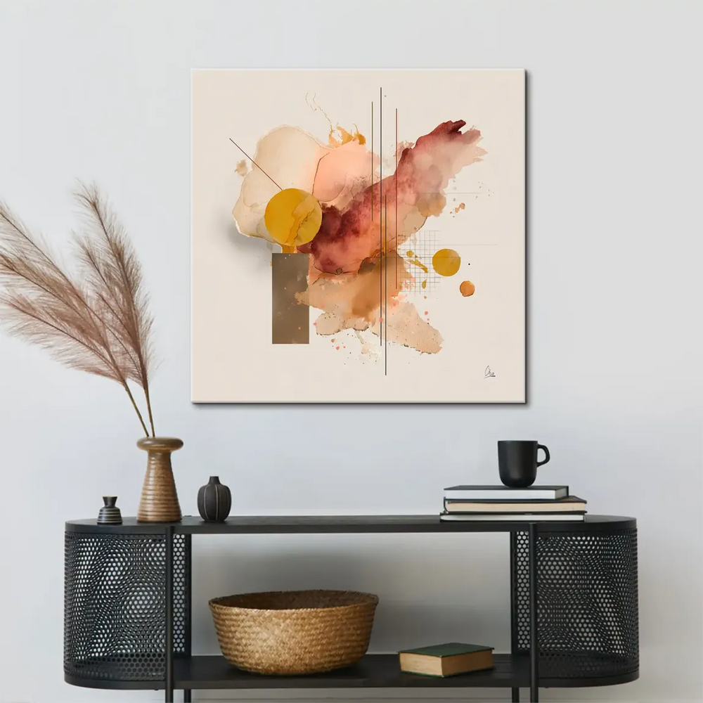 Geometric block and splatter details in ochre and terracotta within an abstract composition.