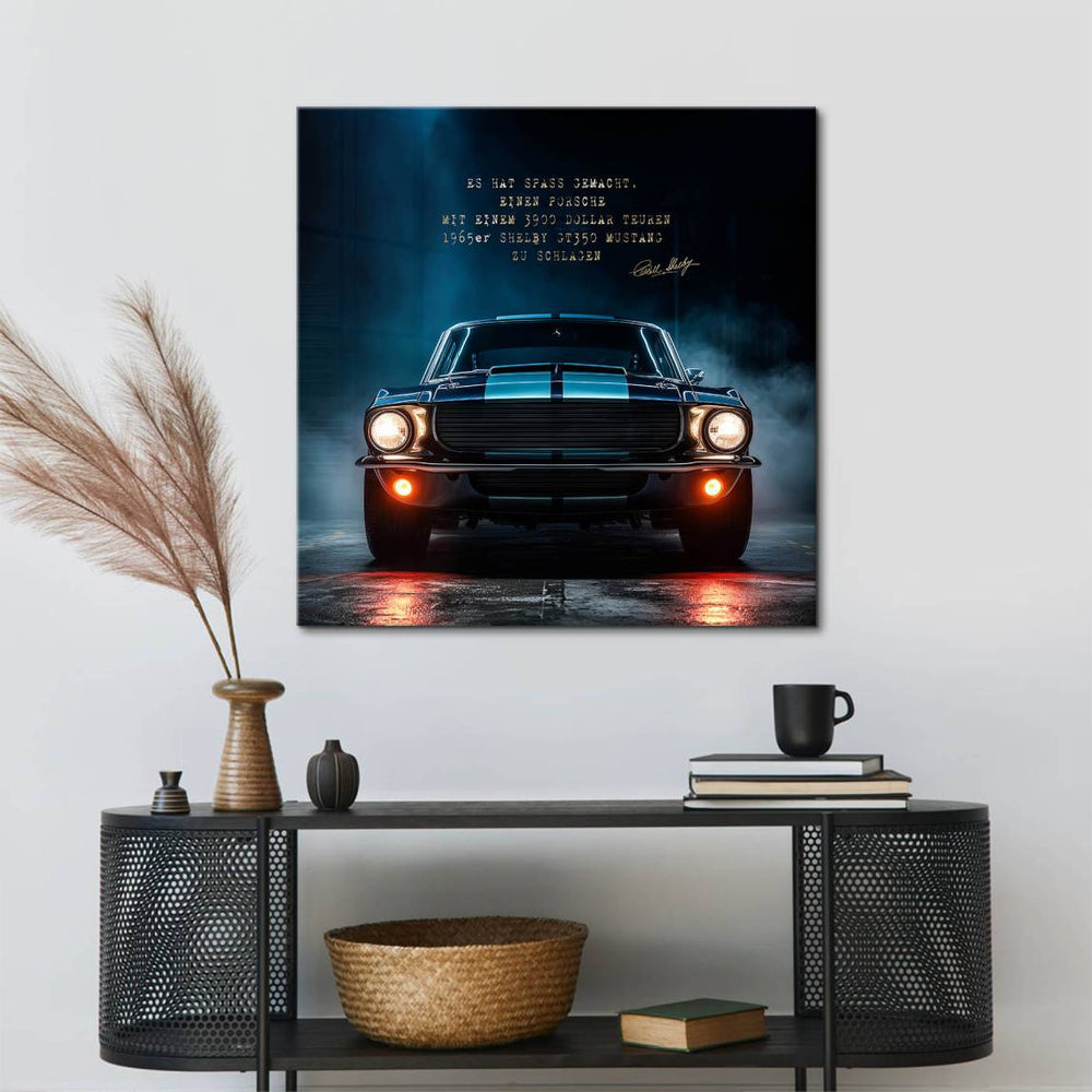 Vintage automotive wall decor capturing 1960s Mustang culture and automotive nostalgia.