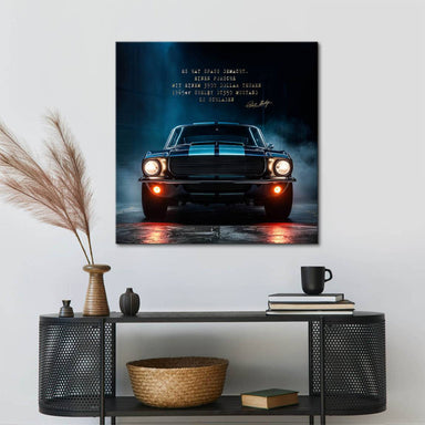 Vintage automotive wall decor capturing 1960s Mustang culture and automotive nostalgia.