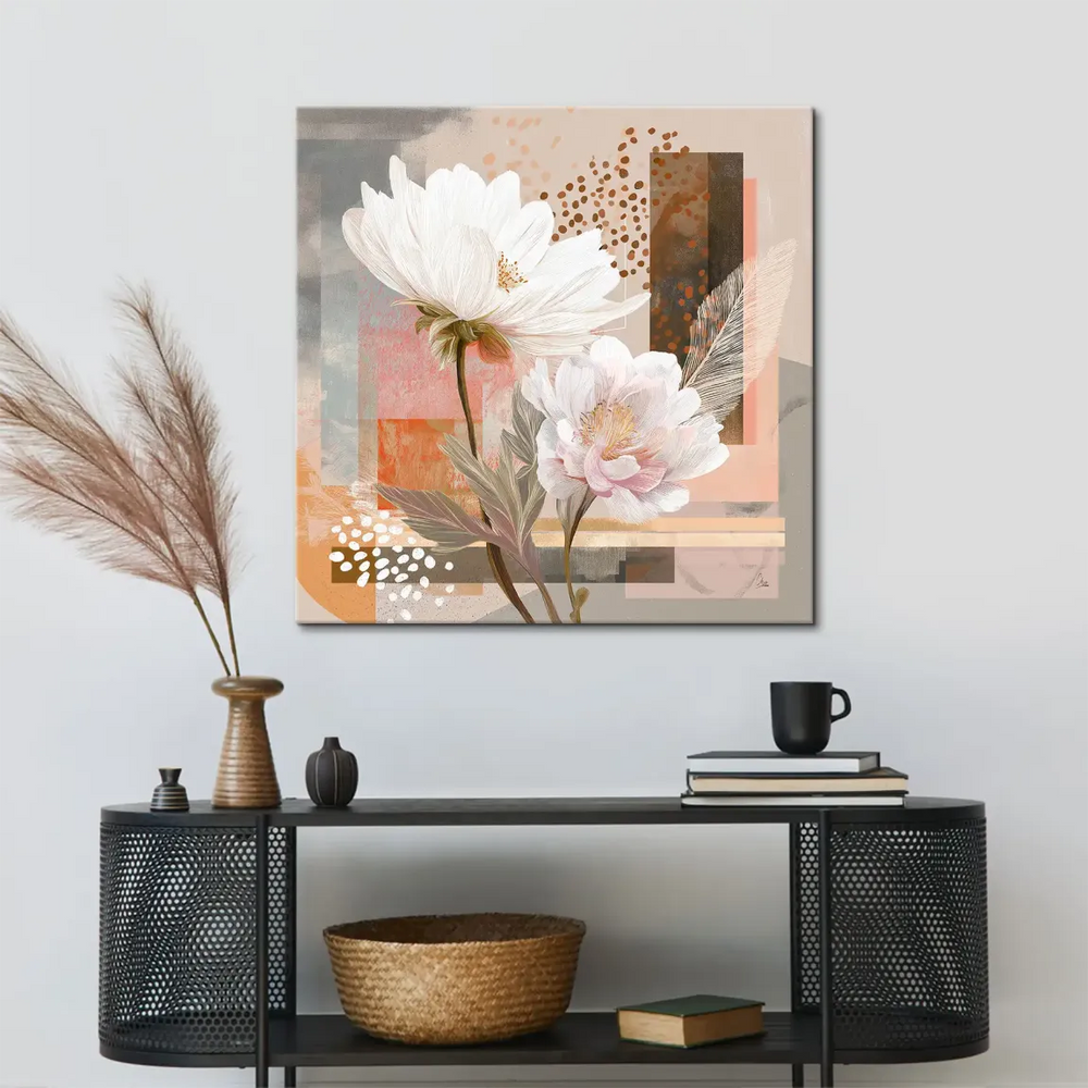 Close-up of two stylized flowers in Soft Bloom Canvas Picture with muted pink and white petals.